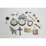 Box of pocket watches, Albert chains, crucifix,