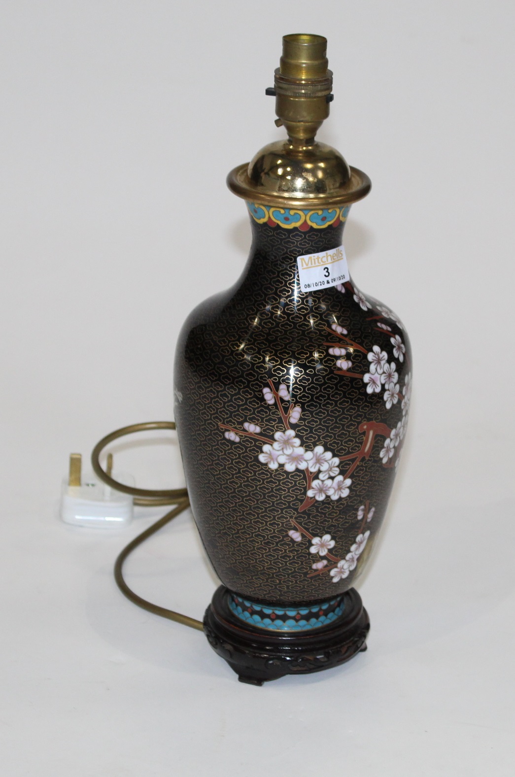 Cloisonne electric lamp on wooden base
