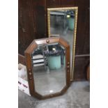 Gilt framed rectangular mirror and oak framed shaped bevelled edge mirror