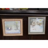 Two snow scenes, Hop houses and village, signed C J Alan,