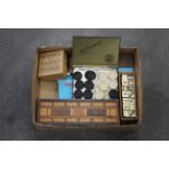 Box of games, cribbage board, dominoes,