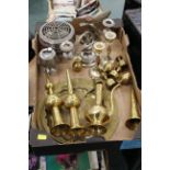 Box of brass trays, brassware, vases,