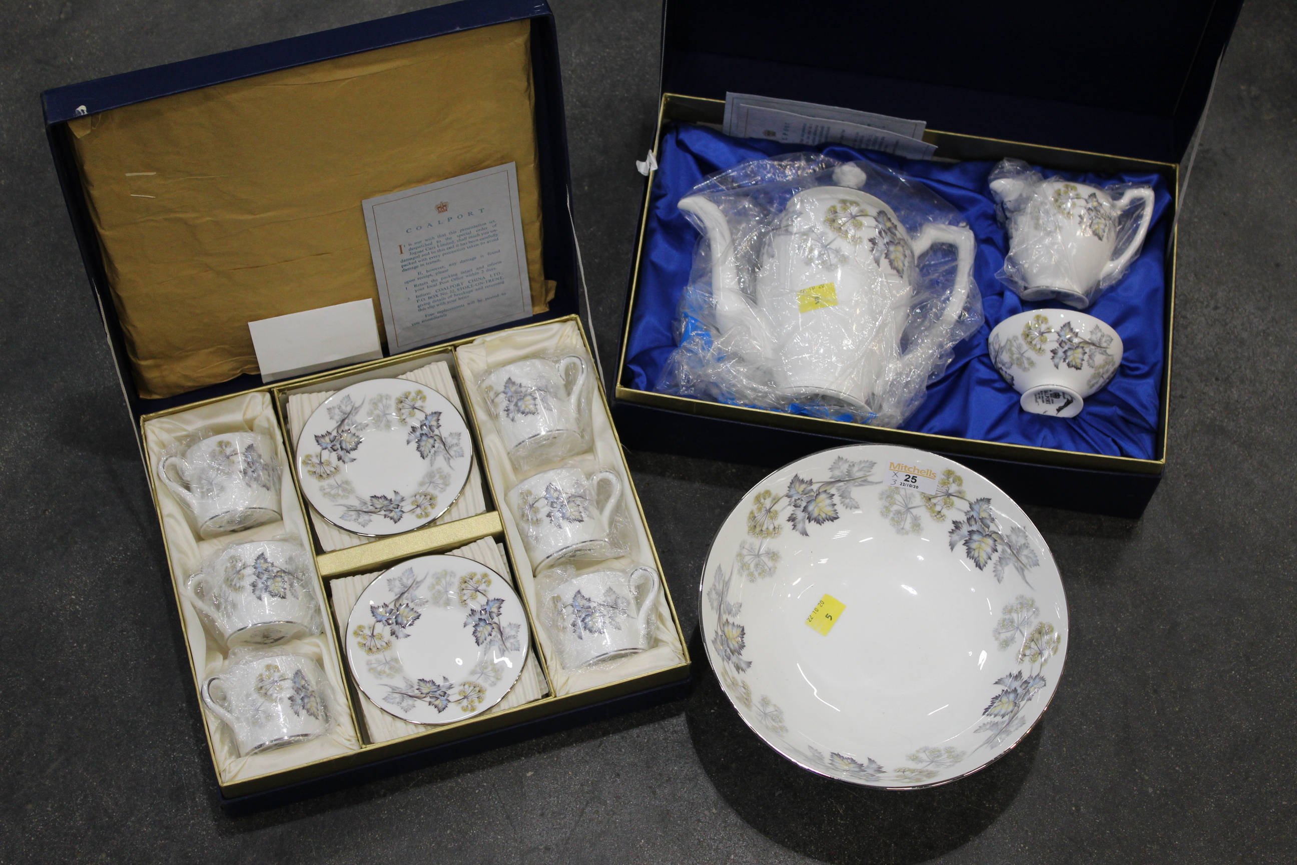 Boxed Coalport Camelot pattern coffee set, 6 coffee cans and matching saucers, coffee pot,