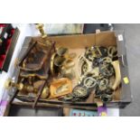 Box of brassware, horse brasses, candlesticks,