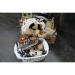 Basket and box of soft toys, ornaments, torch, radio,