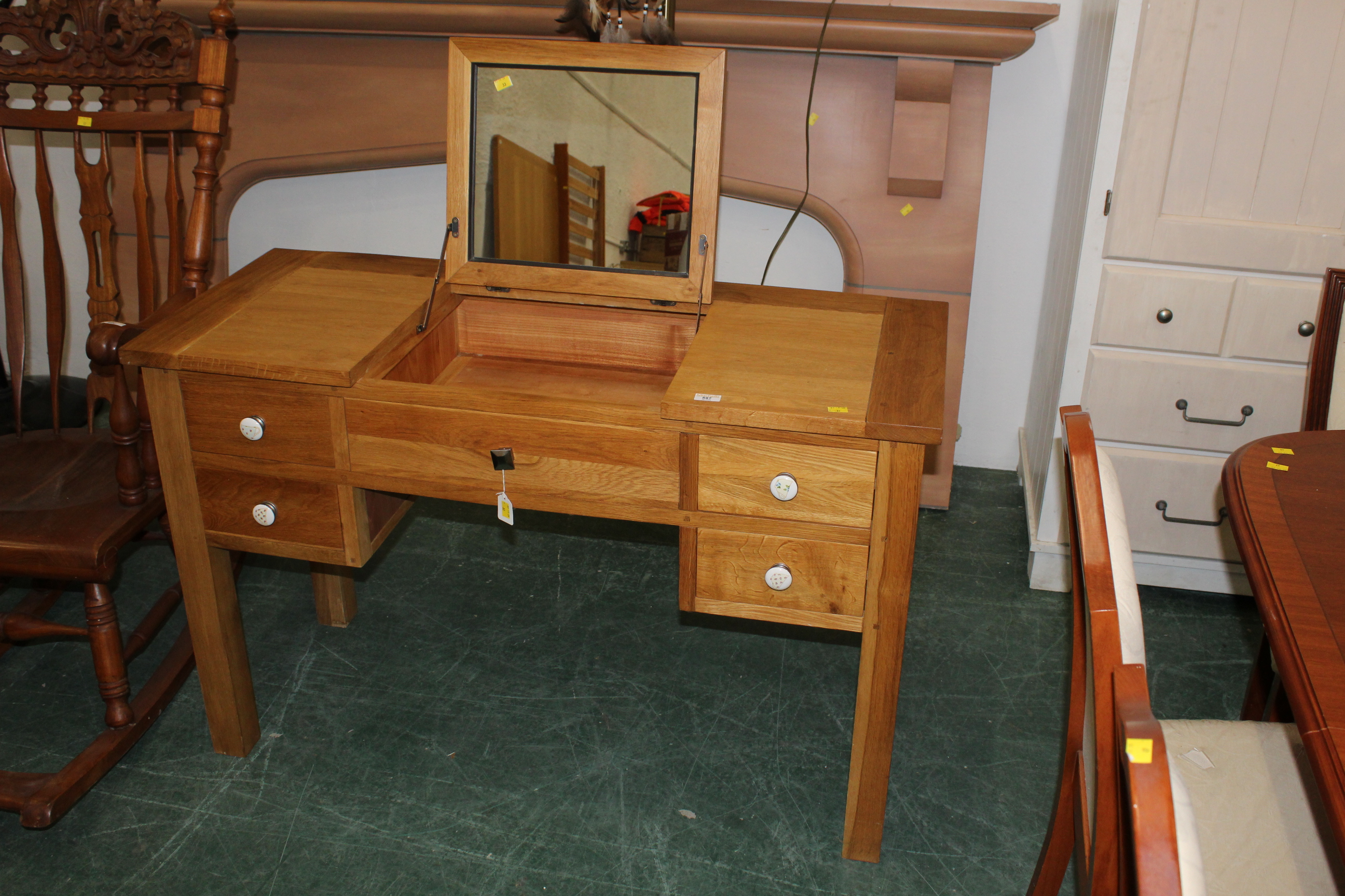 Modern oak vanity stand with lift up mirror,
