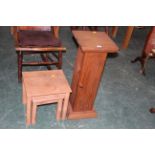 Small nest of two pine tables and pine CD cupboard (height 76 cm) with cassette tapes