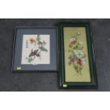 Japanese needlework and floral picture painted on glass