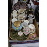 Box of jugs, coffee grinder, floral ornaments,