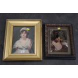 Edwardian chrystoleum and print of young lady in gilt frame