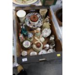 Capodimonte style figure, ashettes, box of figurines, rum butter bowl,