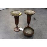 Two painted copper vases and matching bowl