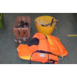 Vintage Jaffa Valencia crate, 2 life jackets,