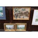 Ethnic picture made from bark and two gilt framed prints