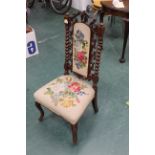 Victorian bedroom chair with spindle supports, floral upholstered seat and back,