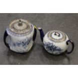 Doulton blue and white teapot and matching biscuit barrel