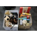 Two boxes of games, hot water bottles, soft toys,