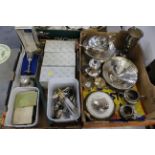 Two boxes of plated ware, boxed goblets, cutlery, lighters,