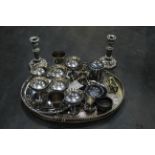 Plated ware, galleried tray, candlesticks, goblet,