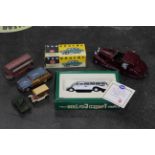 Box of diecast vehicles, Dinky Routemaster bus, boxed Vanguard Ford 100E,