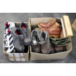 Two boxes of wellingtons, boots, trainers,