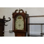 Oak cased eight day longcase clock with painted dial, weights and pendulum,