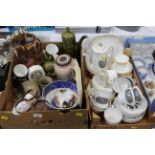 Two boxes of part tea sets, glassware, Wade Whimsies, Little Sweetheart Aynsley clock and vase,