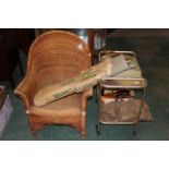 Wicker chair, boxed camp bed,