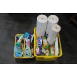 Two boxes of cleaning materials, light bulbs, wallpaper,