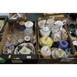 Two boxes of ornaments, glassware, jugs,