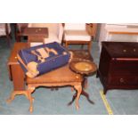 Tooled leather tripod table, oak jardiniere stand, nest of three tables,