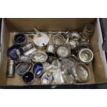 Box of silver & silver plate cruets, mustard pots, pepperettes,