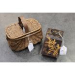 Miniature wooden coal box and sewing box in the form of a miniature wicker picnic hamper