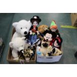 Two boxes of soft toys - French bulldog, Mickey Mouse, Peter Pan,