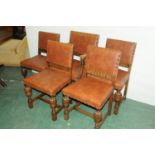 Five oak and leatherette dining chairs with stud decoration - 4 singles,