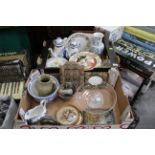 Two boxes of blue and white Royal Tudor teapots, pestle and mortar, slate barometer,