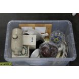 Box of commemorative plates, Indian Tree plate, glassware, ceramic hot water bottle,