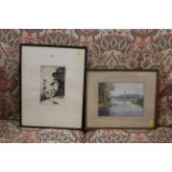 Signed Salisbury lake scene watercolour and framed country house etching