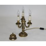 Brass three branch table lamp and bell