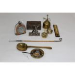 Box of brassware, rabbit pen stand, barometer,