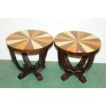 Pair of Art Deco style circular coffee tables with specimen tops, width 60 cm,