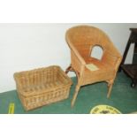 Wicker chair and small rectangular log basket