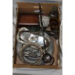 Box of plated ware, toddy ladle,