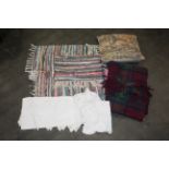 Box of laced worked items, rugs,