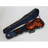 Cased Chinese made violin with bow