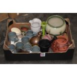 Box of Studio Pottery to include tankards and planters, pestle and mortar,