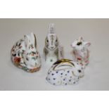 Four Royal Crown Derby rabbit and mouse ornaments all with gold stoppers