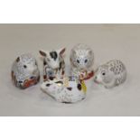 Five Royal Crown Derby animal ornaments all with gold stoppers