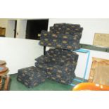 Two 2 seater blue and gold settees and footstool