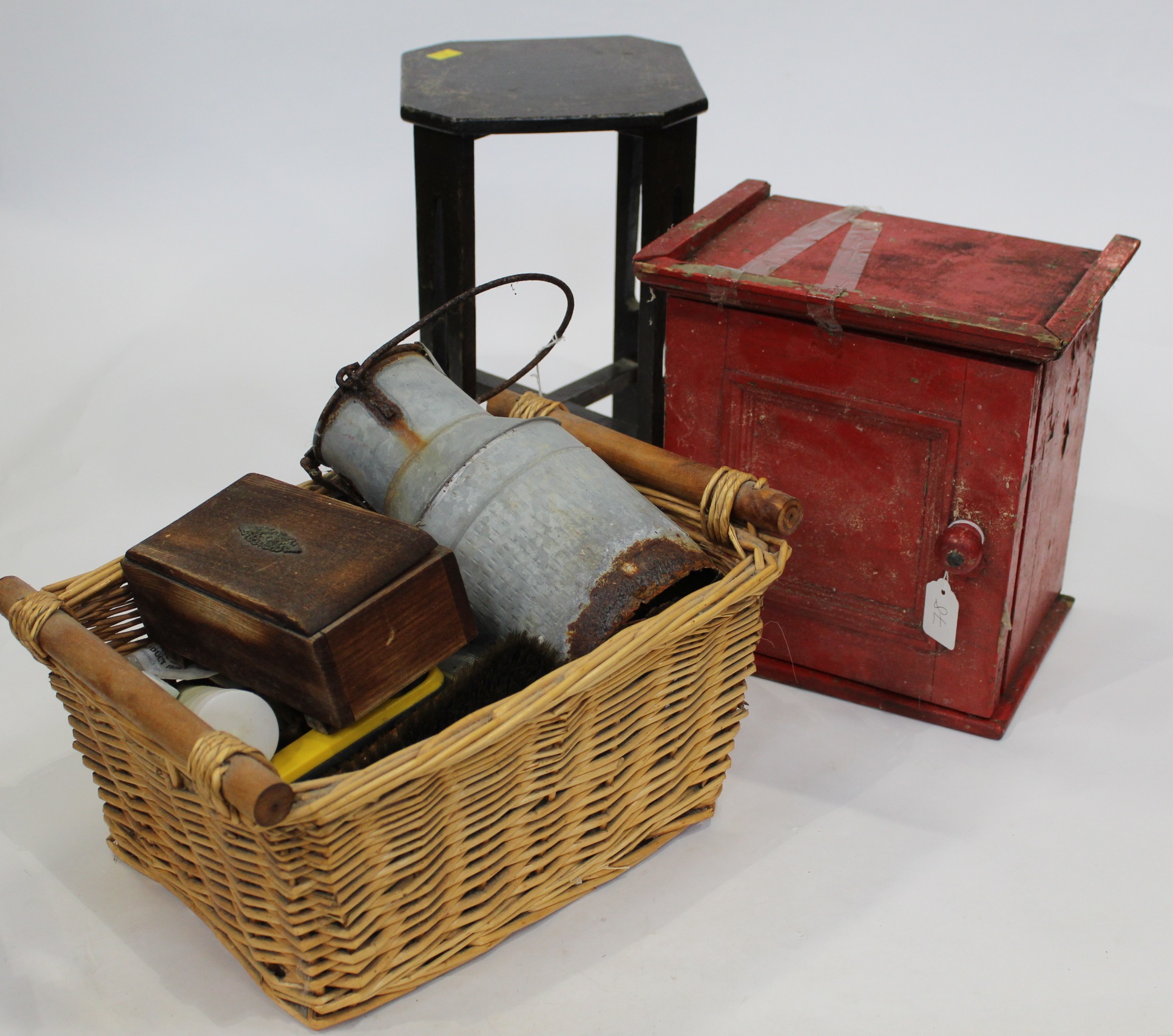 Shabby chic red cupboard, height 30 cm, small octagonal stool, basket with brushes,